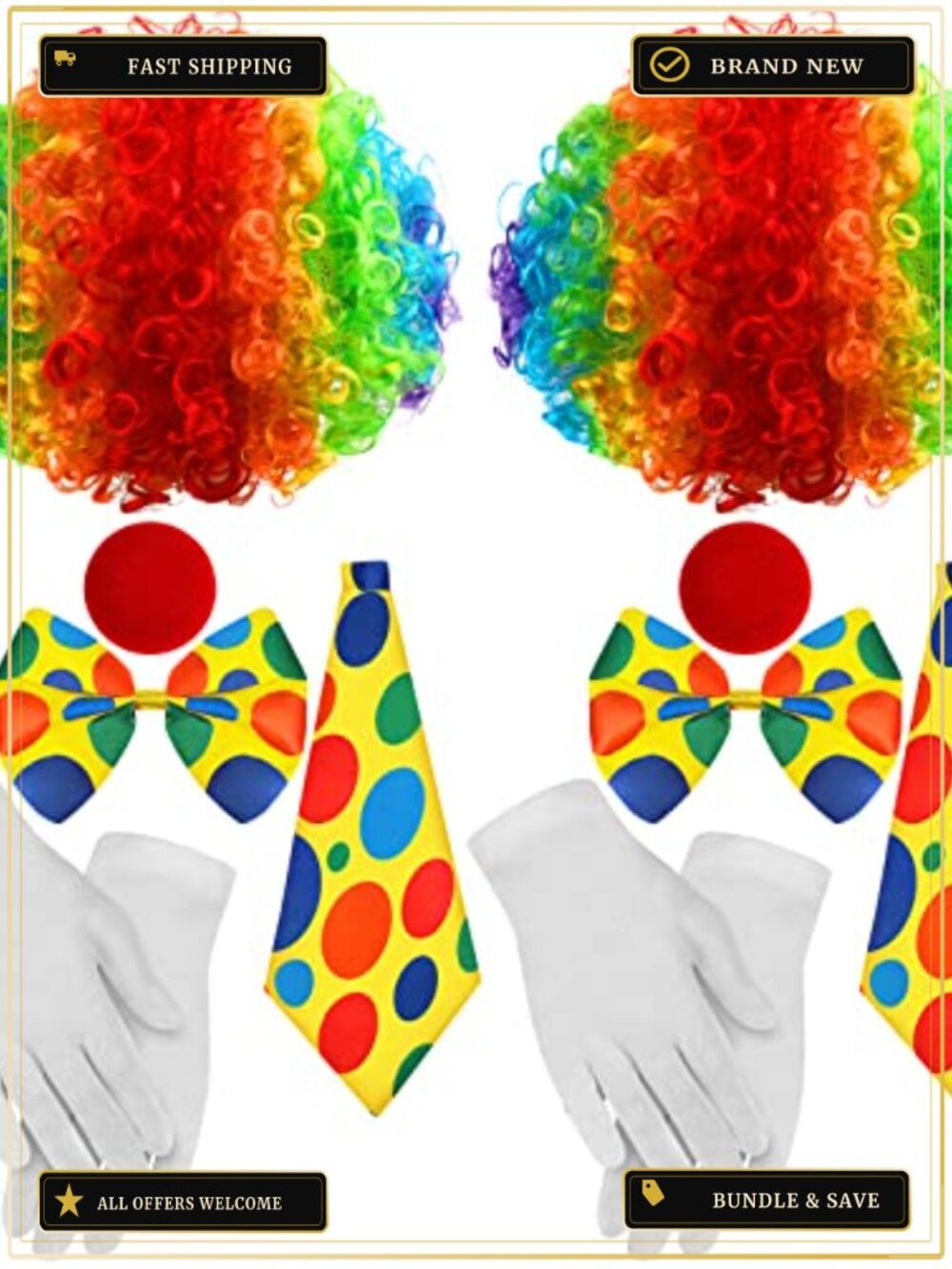 Clown Costume Set 10 Pcs Wig Nose Tie Gloves Bow Halloween Cosplay Accessories